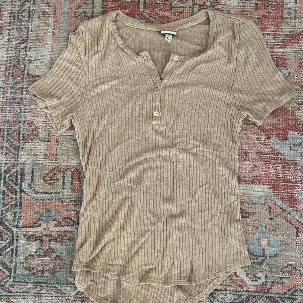 Women's Tan Ribbed Henley Top